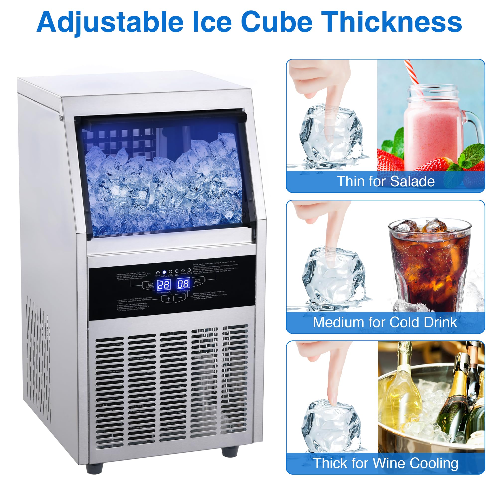 Commercial Ice Maker Machine, 90LBS/24H Ice Maker, Stainless Steel Freestanding/Under Counter Ice Machine with 25LBS Bin, 45 Ice Cubes, Self-Cleaning, Scoop, Ideal for Home Bar Offices