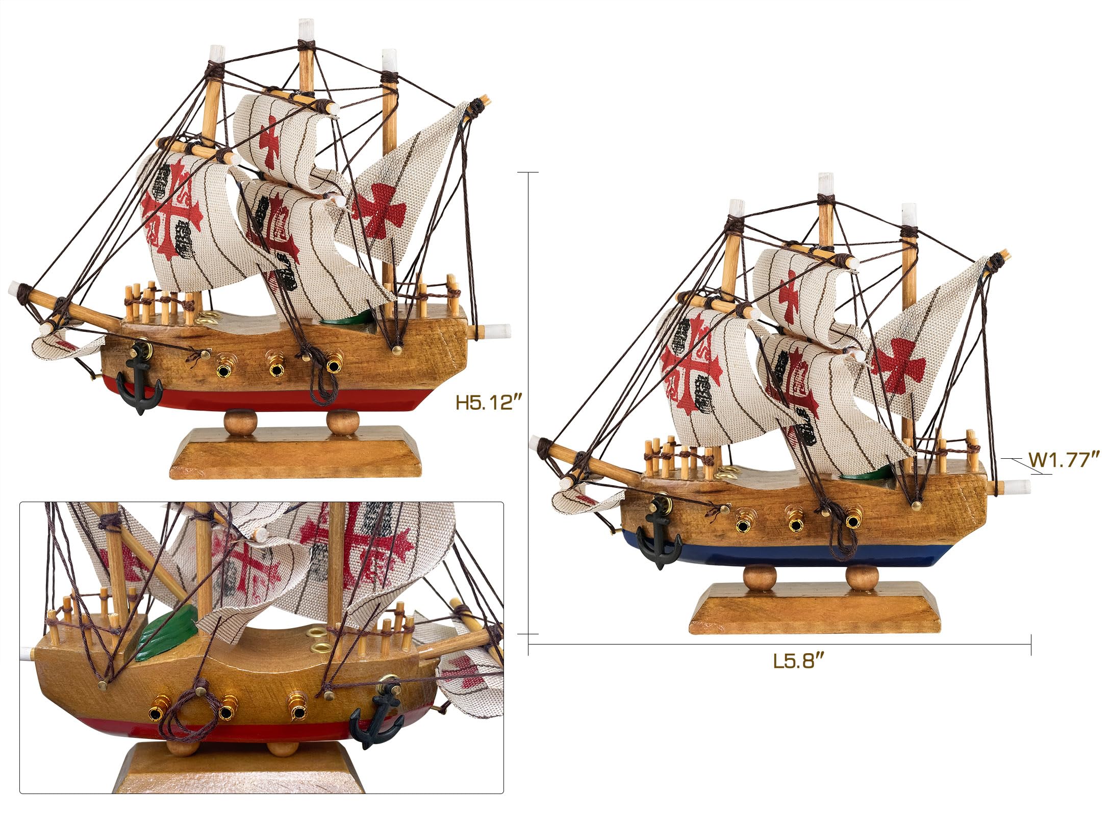 SAILINGSTORY Wooden Pirate Ship Model Sailboat Decor Boat Model Set of 2 Pack