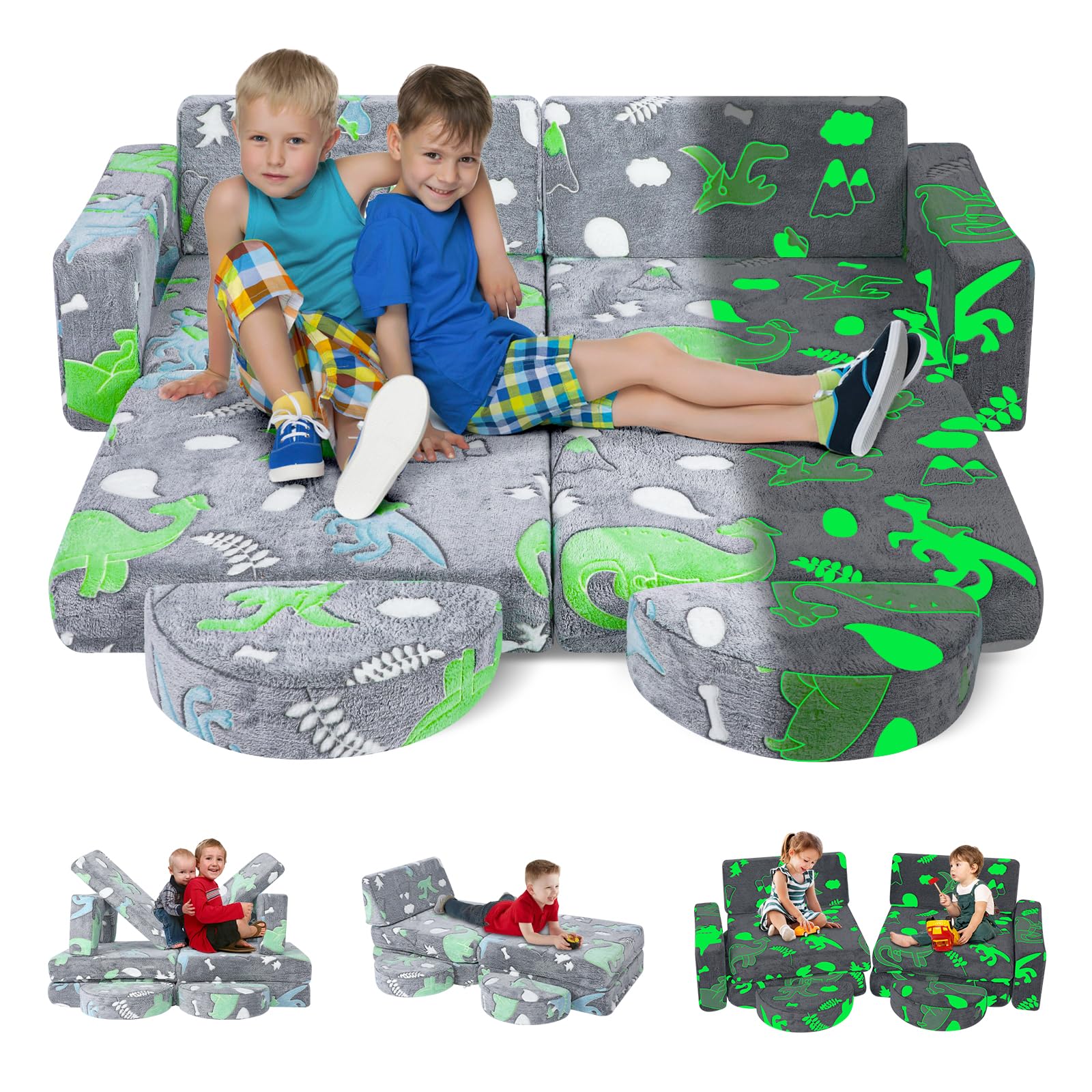 Longzhuo 10PCS Modular Kids Play Couch, Soft Nugget Couch, Kids Couch Bed Fold Out Toddler Sofa Glow in The Dark, Kids Chair Kids Sofa Couch Convertible Sofa Foam Couch in Playroom Bedroom Furniture