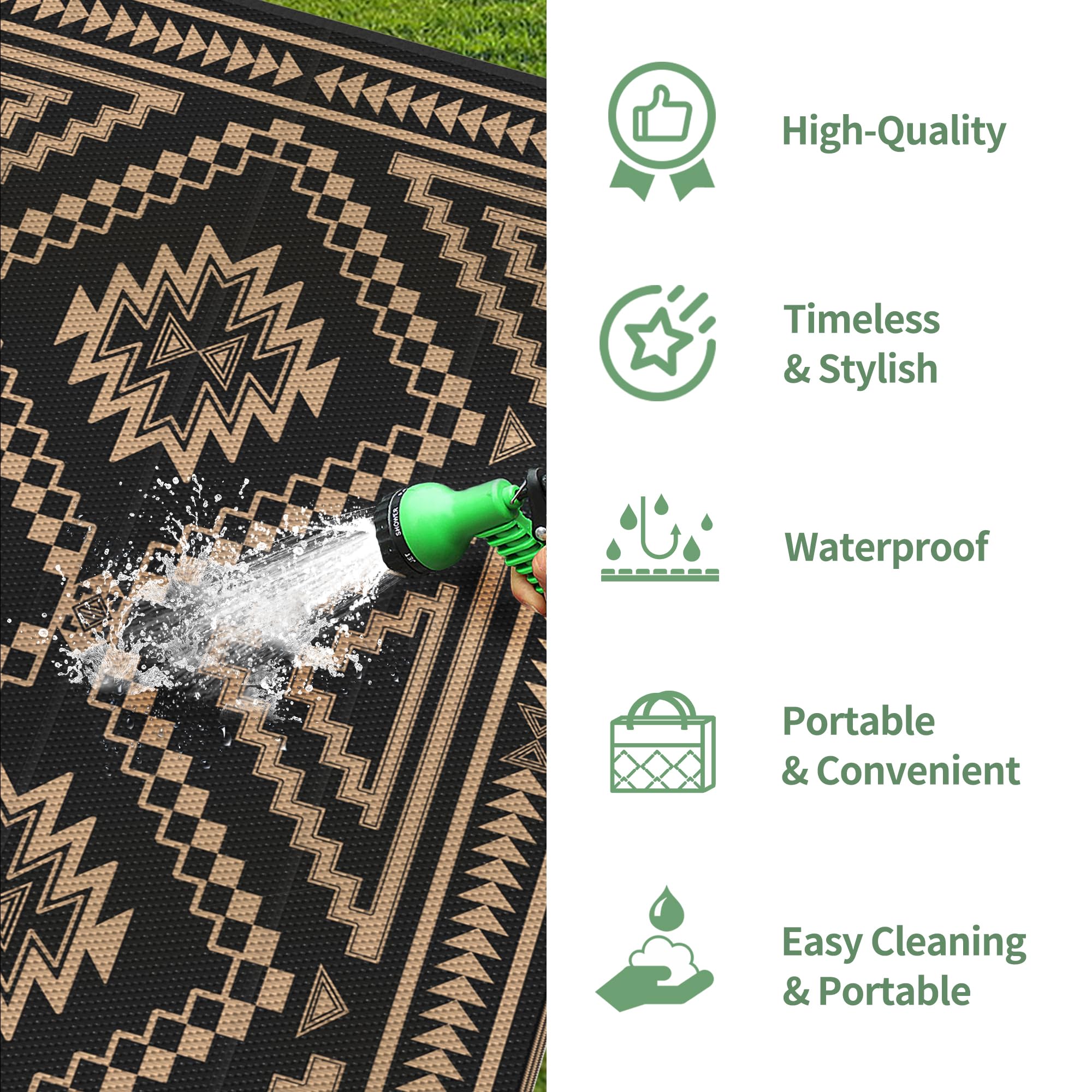 GENIMO Outdoor Rug for Patio Clearance, 5' x 8' Waterproof Plastic Straw Mat, Reversible Camping Carpet, Large Area Rugs Mats for Rv, Backyard, Deck, Porch, Picnic, Beach, Balcony, Black & Brown