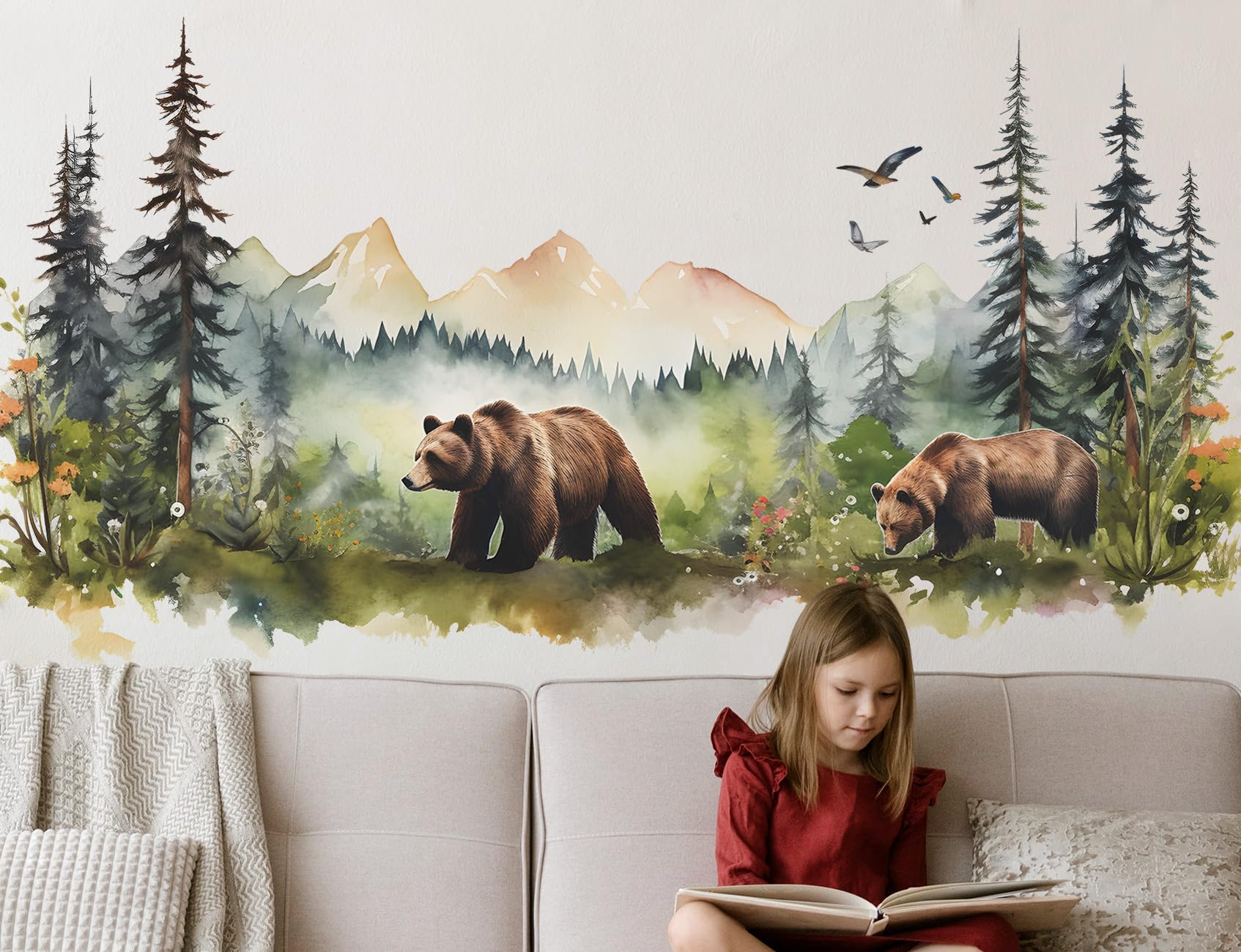 RAINBOW WSK Large Jungle Animals Wall Decals Forest Tree Wall Decal Peel and Stick Woodland Bear Fox Deer Wall Stickers Giant Mountain Wall Art for Bedroom Nursery Room FX-C432