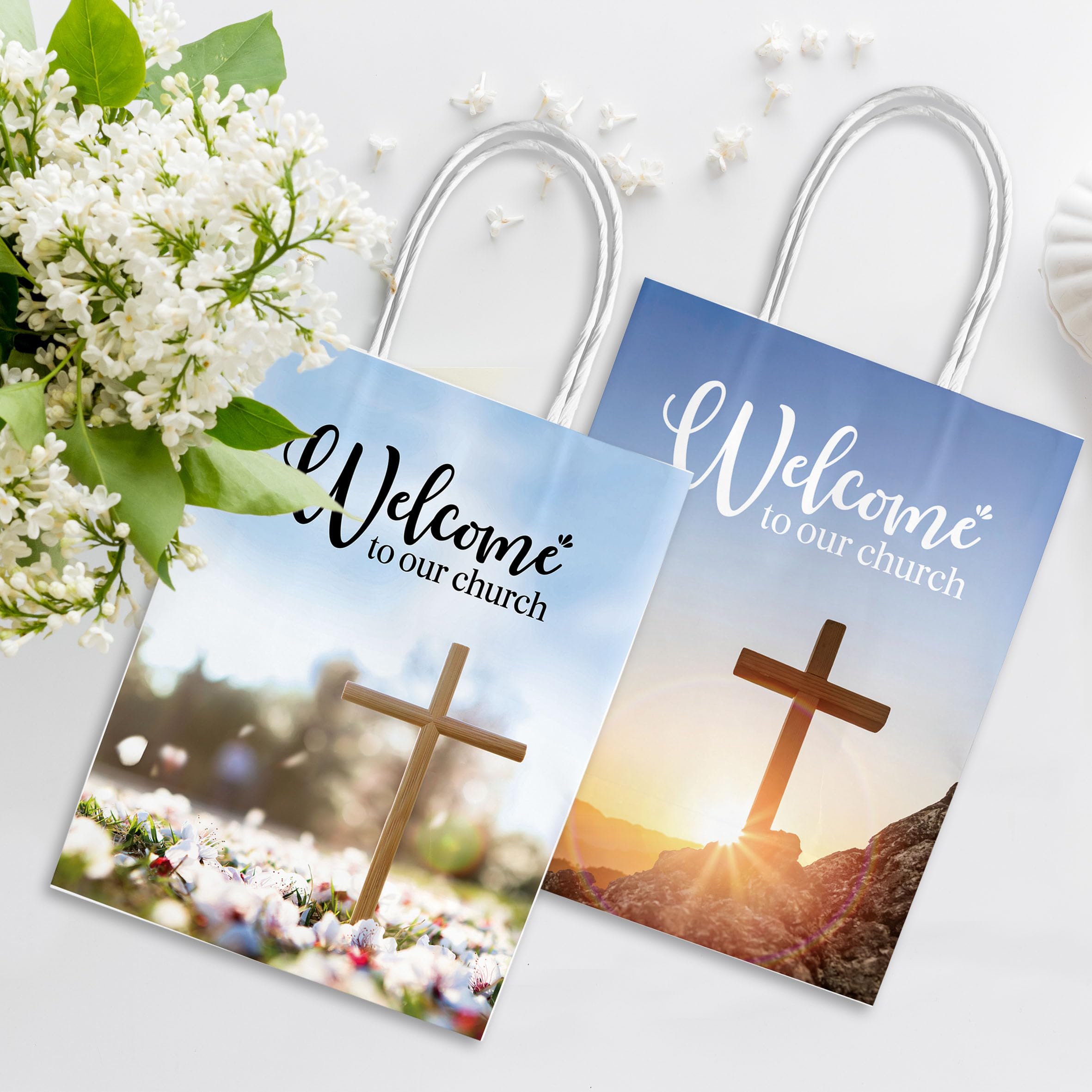 YHNTGB 12Pcs Church welcome bags with handles Welcome to our church gift bags Religious gift bags for Church Guest Baptism Bulk Hotel Birthday Church Theme Party Supplies 5.9 x 3.15 x 8.27inch 2 types