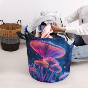 TsyTma Bright Neon Mushrooms Small Laundry Basket for Bedrooms Colorful Collapsible Round Laundry Hamper with Handles Round Toy Bin for Dirty Clothes Bathroom