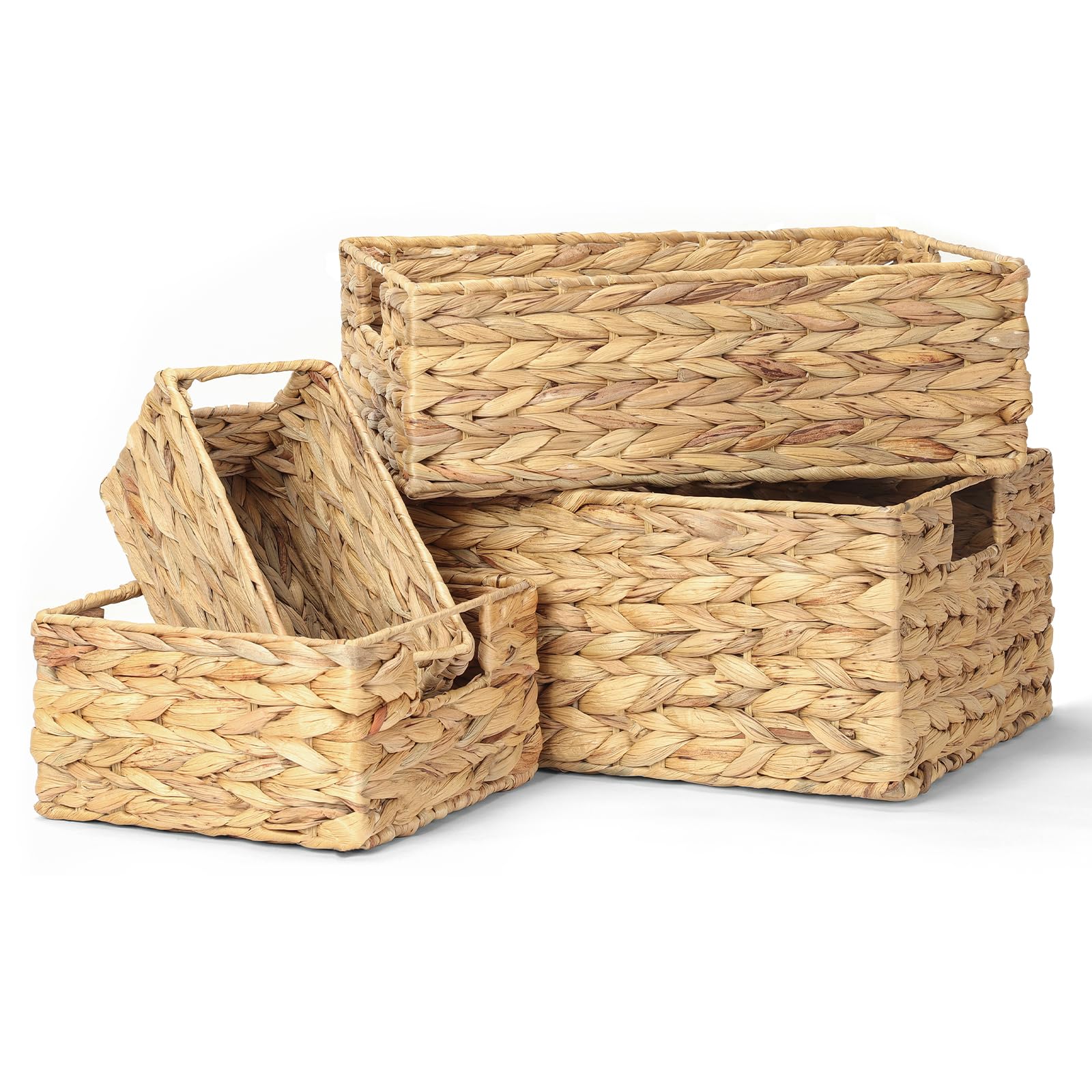 LIANTRAL Wicker Baskets for Organizing 4 Pack, Small Woven Baskets for Shelves, Decorative Water Hyacinth Baskets with Handles, Rattan Basket for Shelf.