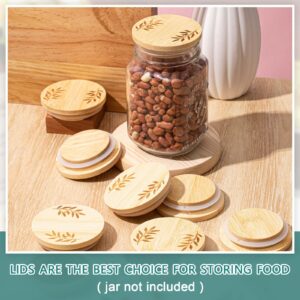 Beeveer 8 Pcs Regular Mouth Lids for Mason Jars 2.76'' Wooden Lids Leaf Pattern Storage Lids Reusable Yogurt Canning Jar Lids with Airtight Silicone Sealing Rings Round Canning Lids for Food Storage