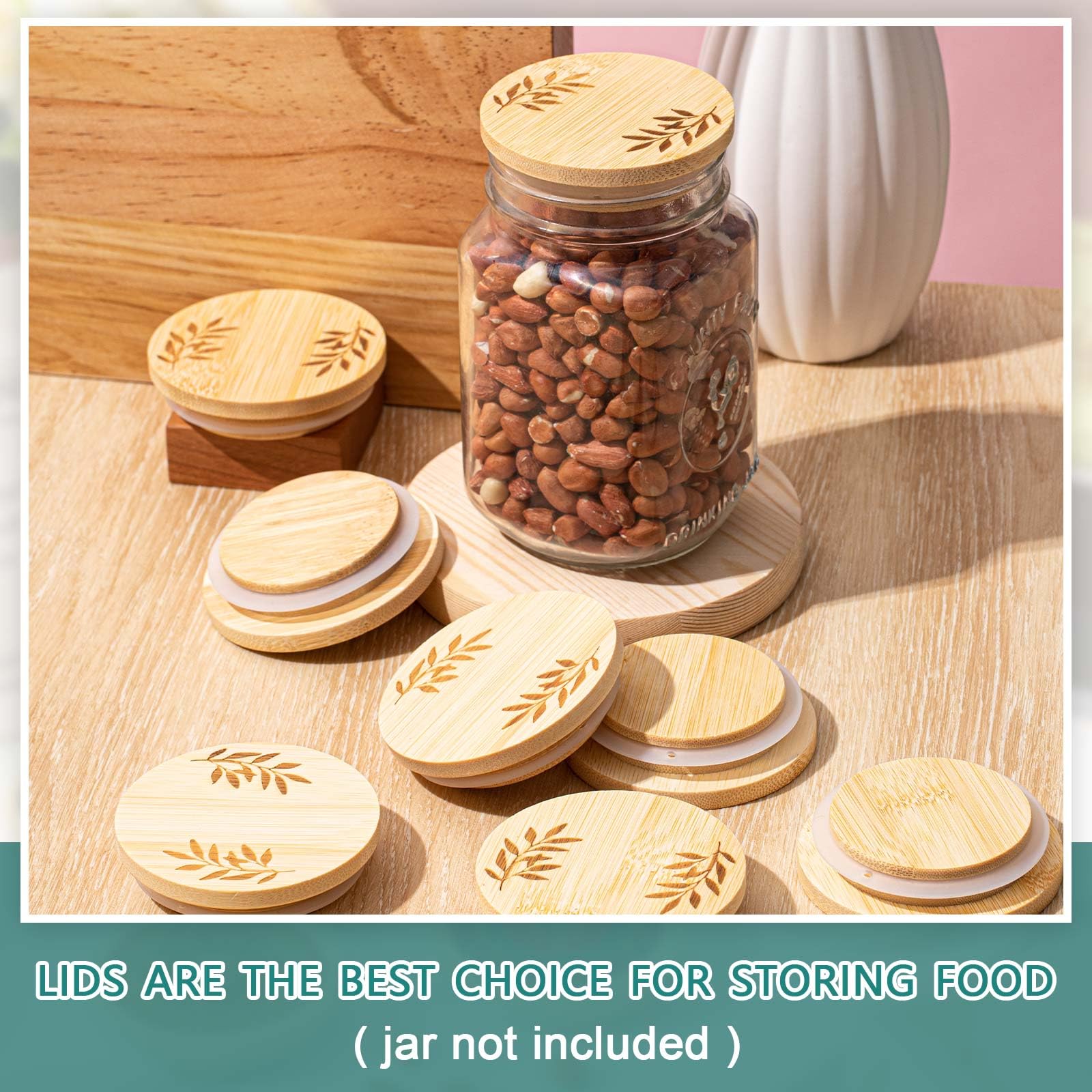 Beeveer 8 Pcs Regular Mouth Lids for Mason Jars 2.76'' Wooden Lids Leaf Pattern Storage Lids Reusable Yogurt Canning Jar Lids with Airtight Silicone Sealing Rings Round Canning Lids for Food Storage