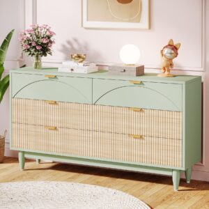 tribesigns 6-drawer dresser for bedroom: 55 inches modern chest of drawers with gold metal handles, green long double dresser organizer wood cabinet for bedroom, closet, living room