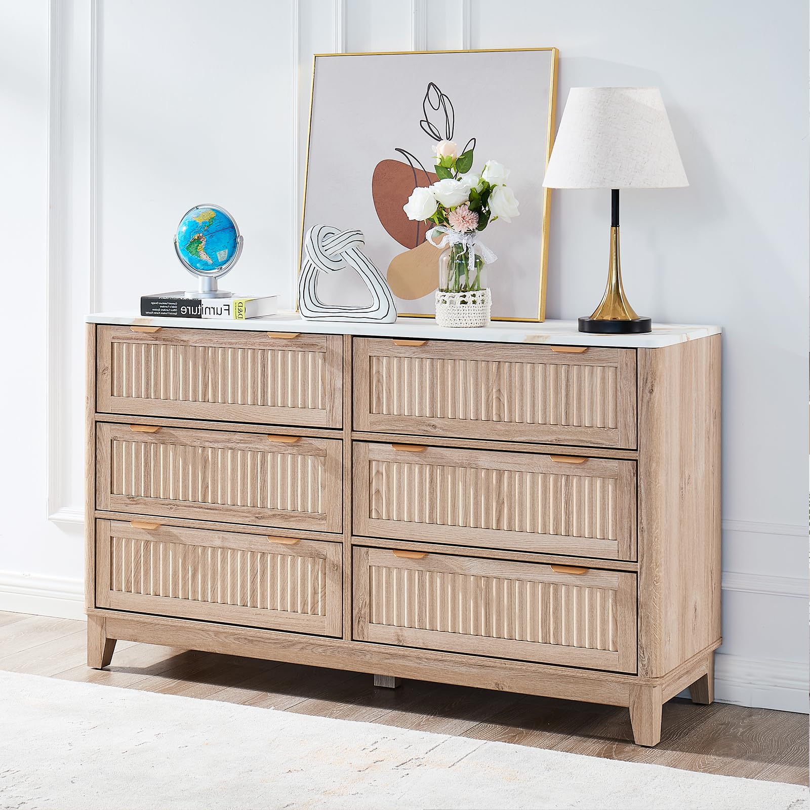 6 Drawers Dresser for Bedroom, 54" Large Storage Dresser, Farmhouse Wood Dressers with Faux Marble Top, Modern Dressers & Chests of Drawers for Living Room Entryway, Fluted Curved Profile, Natural Oak