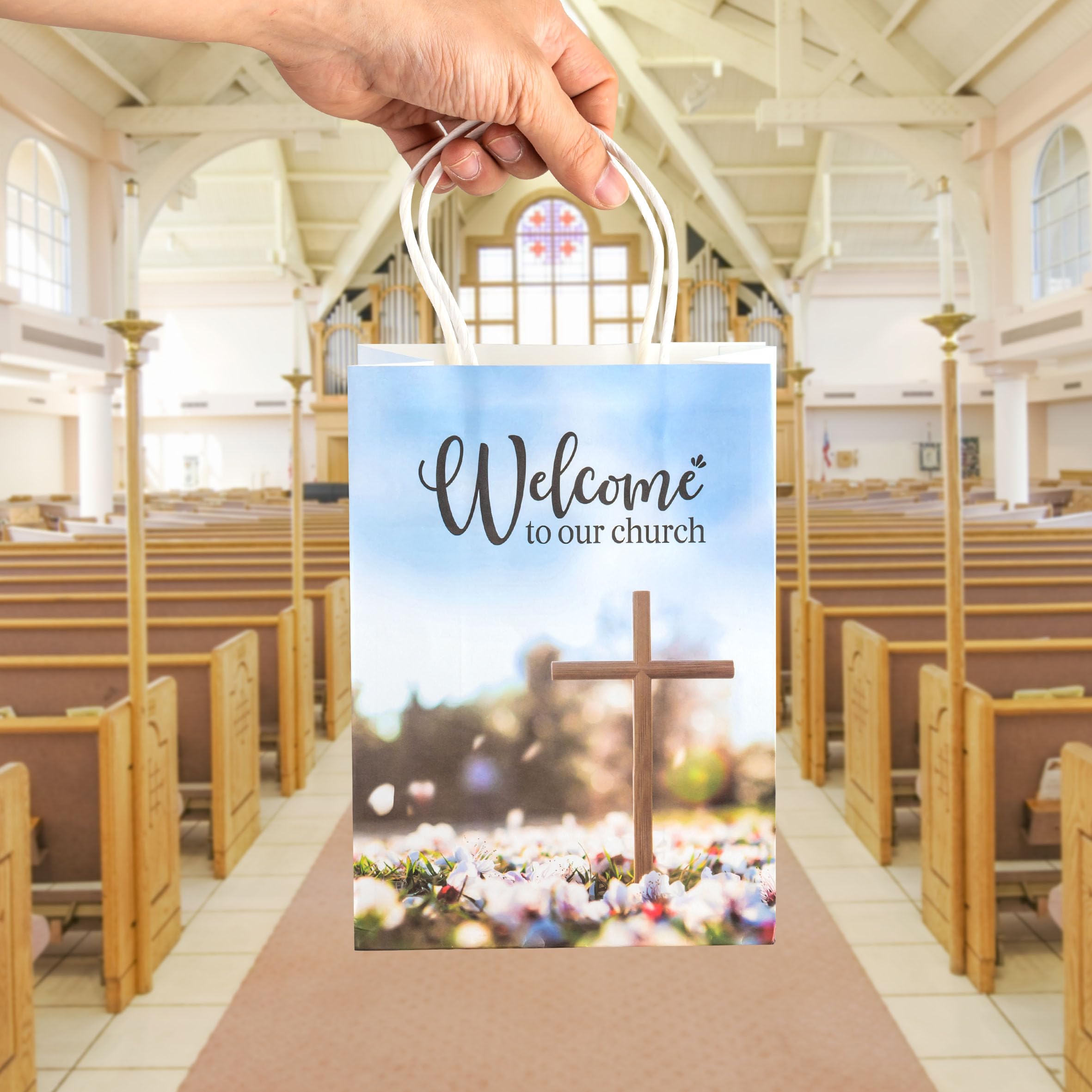 YHNTGB 12Pcs Church welcome bags with handles Welcome to our church gift bags Religious gift bags for Church Guest Baptism Bulk Hotel Birthday Church Theme Party Supplies 5.9 x 3.15 x 8.27inch 2 types