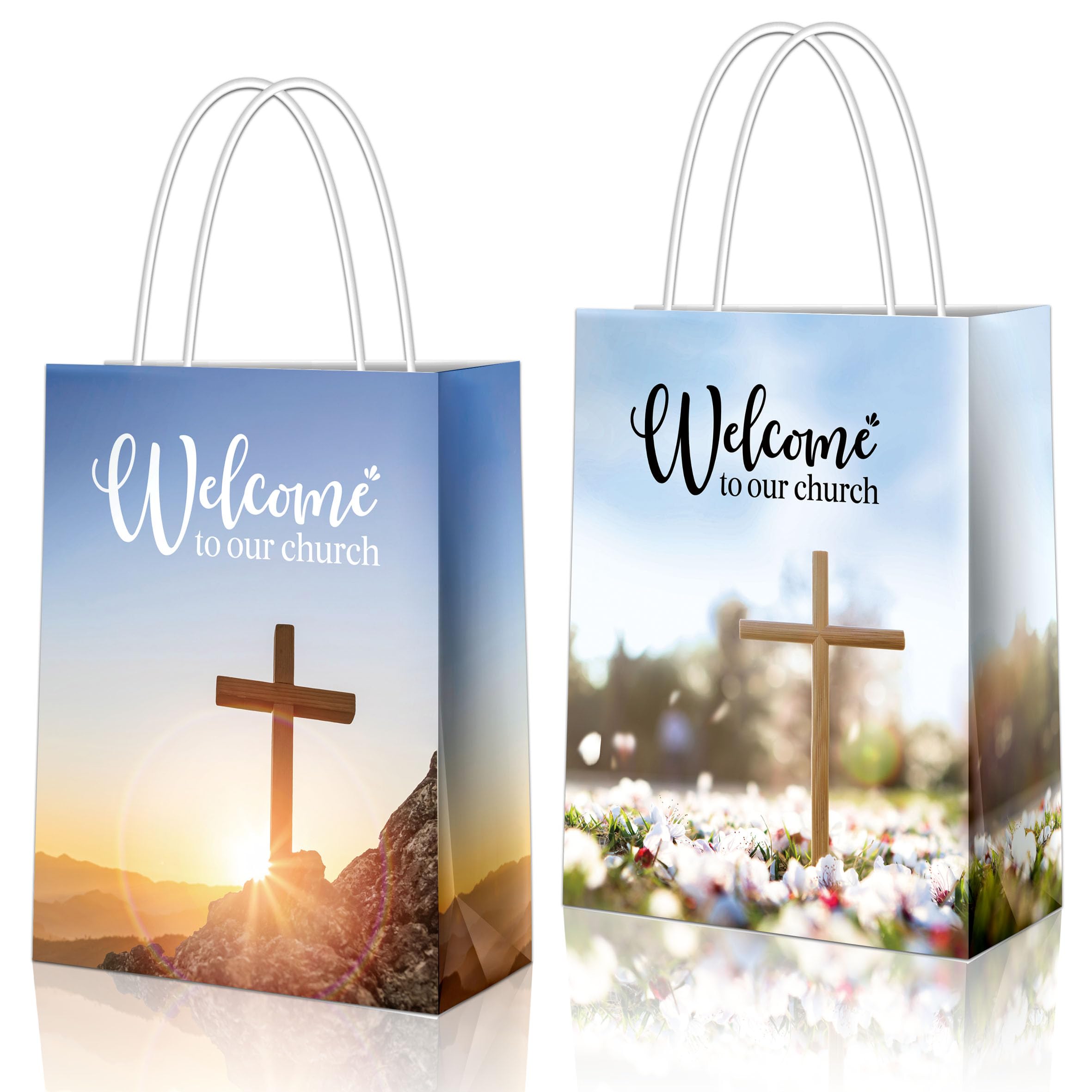 YHNTGB 12Pcs Church welcome bags with handles Welcome to our church gift bags Religious gift bags for Church Guest Baptism Bulk Hotel Birthday Church Theme Party Supplies 5.9 x 3.15 x 8.27inch 2 types