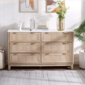 6 Drawers Dresser for Bedroom, 54" Large Storage Dresser, Farmhouse Wood Dressers with Faux Marble Top, Modern Dressers & Chests of Drawers for Living Room Entryway, Fluted Curved Profile, Natural Oak