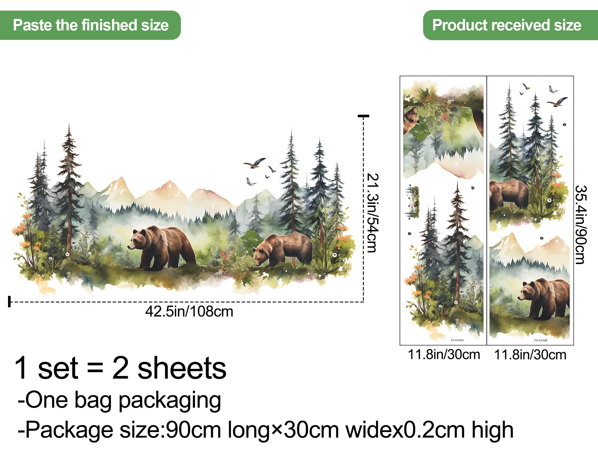 RAINBOW WSK Large Jungle Animals Wall Decals Forest Tree Wall Decal Peel and Stick Woodland Bear Fox Deer Wall Stickers Giant Mountain Wall Art for Bedroom Nursery Room FX-C432