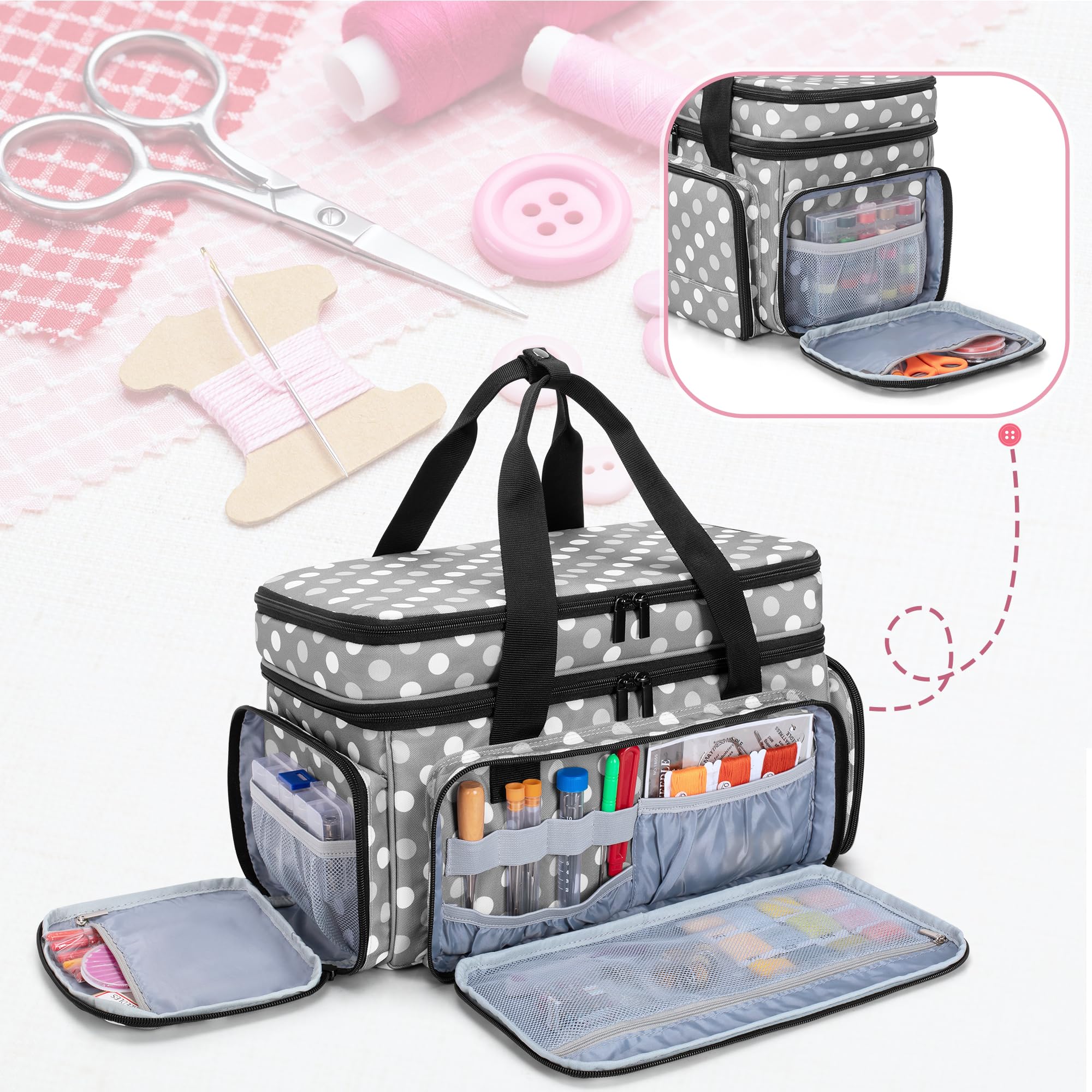 LUXJA Large 2 Layers Sewing Organizer Bag with 5 Detachable Dividers, Sewing Storage Bag for Sewing Supplies, Polka Dots