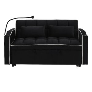 Bellemave Foldable Sofa Bed with Phone Holder, Pull Out Velvet Loveseat Sleeper with 2 USB Charging Ports, Modern Futon Couch with Cup Holders and Adjustable Backrest, for Living Room, Black