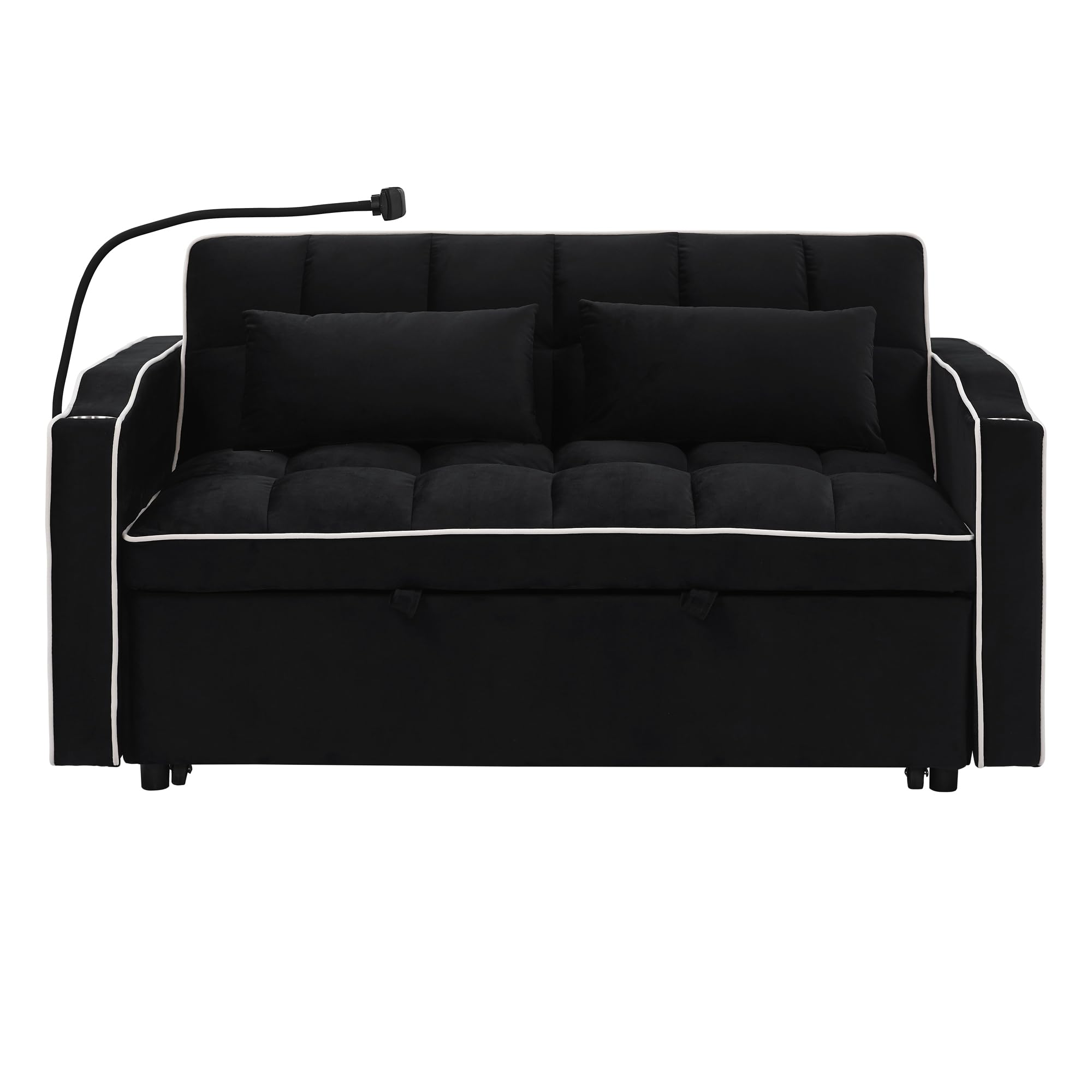 Bellemave Foldable Sofa Bed with Phone Holder, Pull Out Velvet Loveseat Sleeper with 2 USB Charging Ports, Modern Futon Couch with Cup Holders and Adjustable Backrest, for Living Room, Black