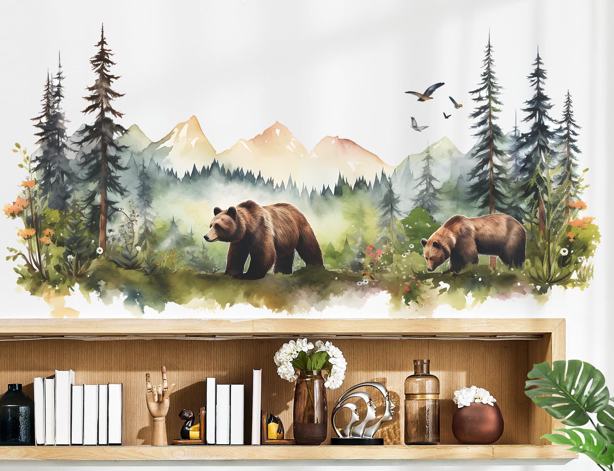 RAINBOW WSK Large Jungle Animals Wall Decals Forest Tree Wall Decal Peel and Stick Woodland Bear Fox Deer Wall Stickers Giant Mountain Wall Art for Bedroom Nursery Room FX-C432