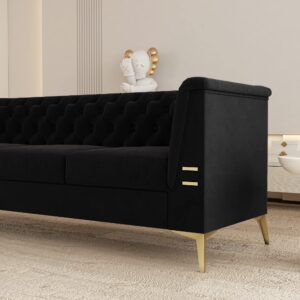 3 Seat Velvet Sofa Couch Modern Chesterfield Button Tufted Couches Comfy Contemporary Black Velvet Upholstered Sofas 83 Inch 3 Person Fashion with Metal Legs Couches for Living Room Office Furniture