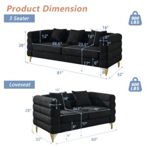 mikibama Luxury Teddy Sofa Set for Living Room, Modern Decor Furniture Sectional Sofa, 3 Seater Couch and Loveseat with 5 Pillows for Apartment, Office, Hall (Black)