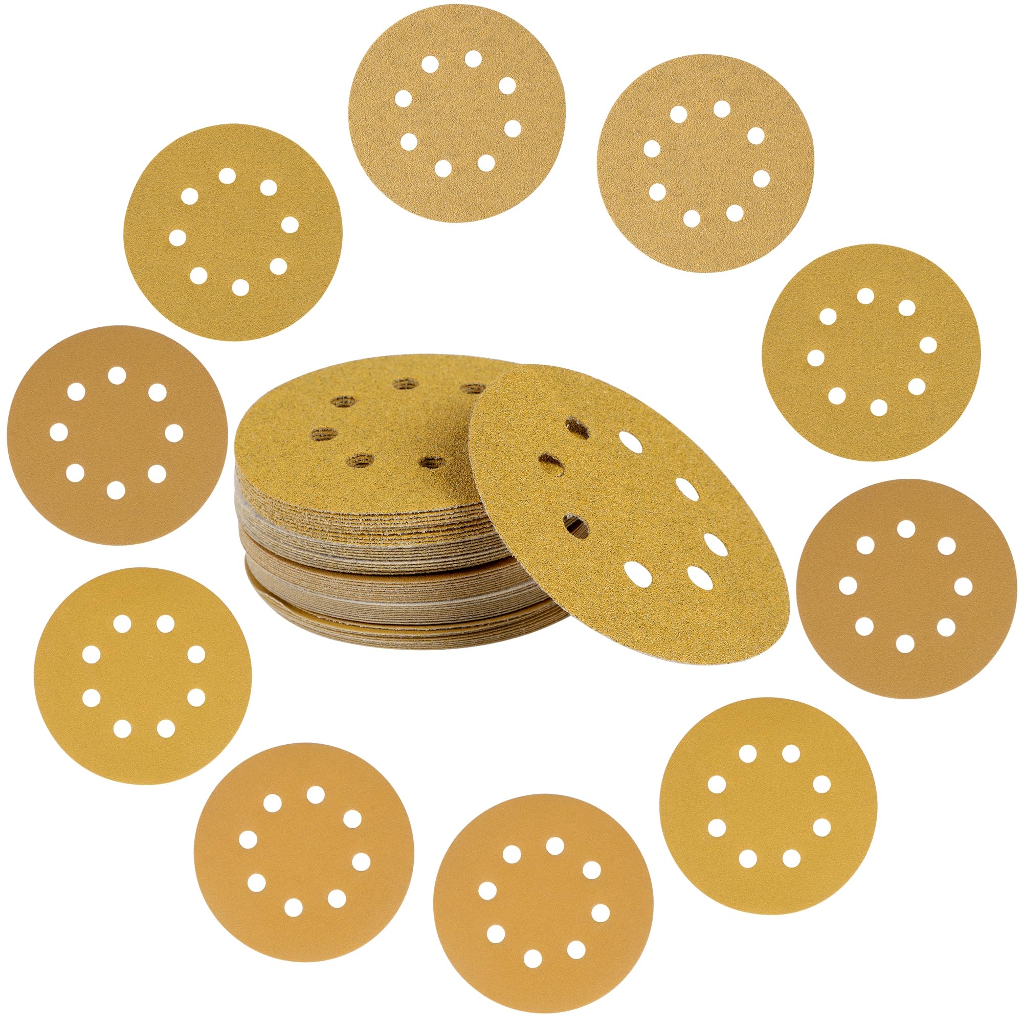 Mestool 5-Inch 8-Hole Hook and Loop Gold Sanding Discs, Box of 50 Sandpaper Include 60 80 120 150 and 220 Grits