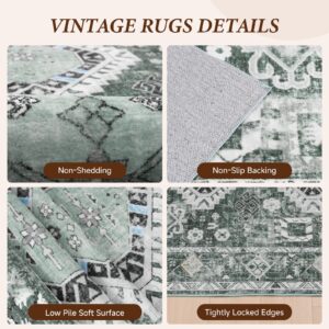 Vamcheer Washable Rugs Area Rugs - 5x7 Washable Area Rugs for Living Room Bedroom Dining Room Kitchen Non-Slip Rugs,Soft Low-Pile Indoor Machine Washable Vintage Carpet, Green