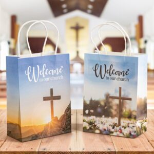 YHNTGB 12Pcs Church welcome bags with handles Welcome to our church gift bags Religious gift bags for Church Guest Baptism Bulk Hotel Birthday Church Theme Party Supplies 5.9 x 3.15 x 8.27inch 2 types