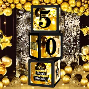 turypaty 29pcs 50th birthday balloon boxes decorations for men women, black gold 50th birthday transparent balloon boxes party supplies decorations with led light and stickers