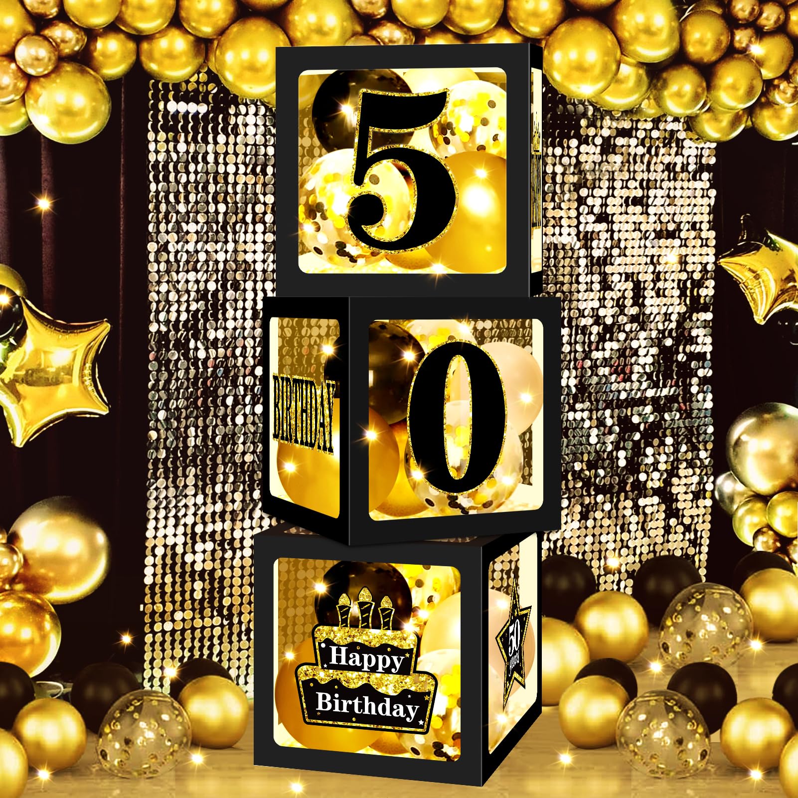 Turypaty 29Pcs 50th Birthday Balloon Boxes Decorations for Men Women, Black Gold 50th Birthday Transparent Balloon Boxes Party Supplies Decorations with LED Light and Stickers