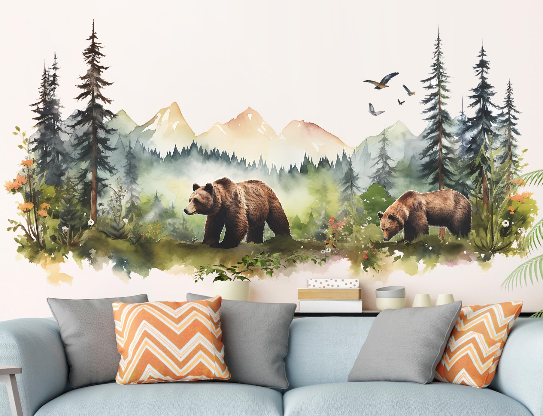 RAINBOW WSK Large Jungle Animals Wall Decals Forest Tree Wall Decal Peel and Stick Woodland Bear Fox Deer Wall Stickers Giant Mountain Wall Art for Bedroom Nursery Room FX-C432