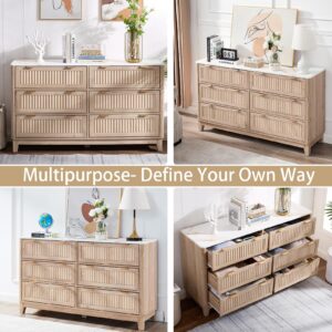 6 Drawers Dresser for Bedroom, 54" Large Storage Dresser, Farmhouse Wood Dressers with Faux Marble Top, Modern Dressers & Chests of Drawers for Living Room Entryway, Fluted Curved Profile, Natural Oak