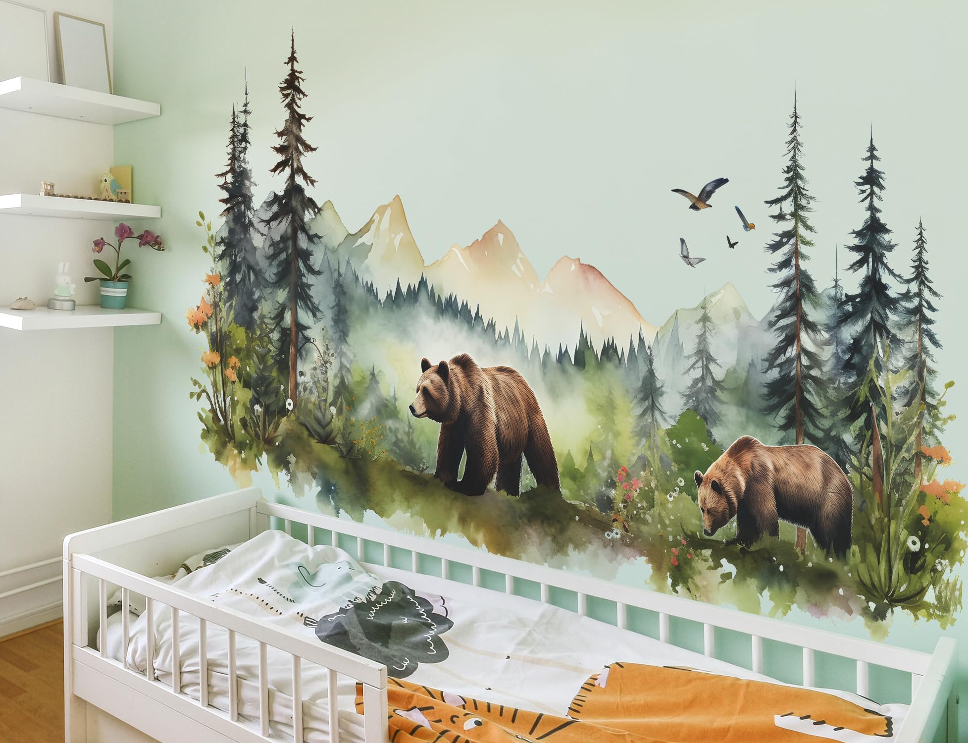 RAINBOW WSK Large Jungle Animals Wall Decals Forest Tree Wall Decal Peel and Stick Woodland Bear Fox Deer Wall Stickers Giant Mountain Wall Art for Bedroom Nursery Room FX-C432