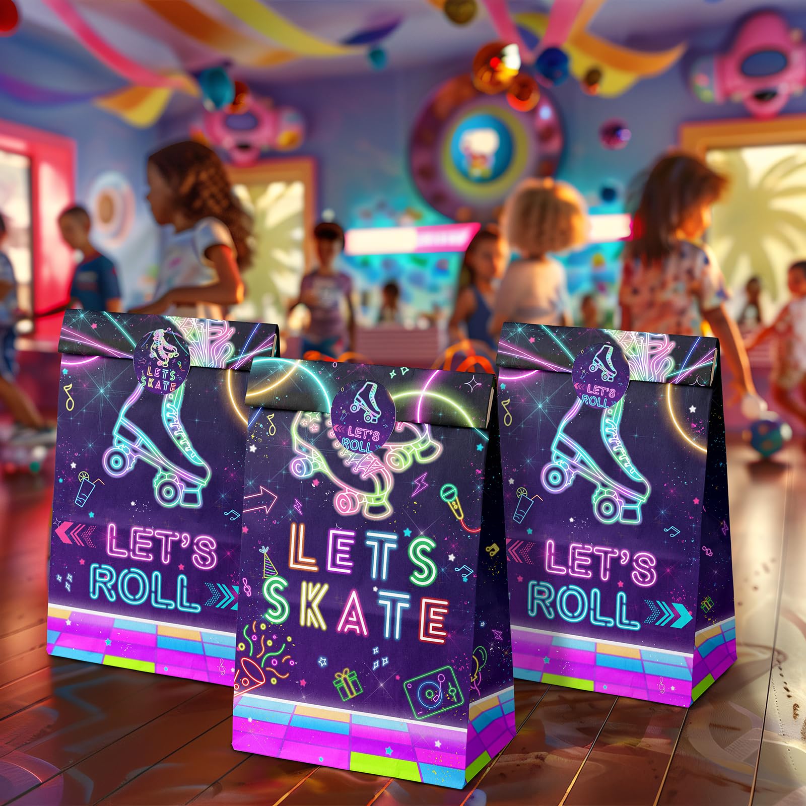 Outego 24 Roller Skating Goodie Bags Glow Party Birthday Bags, Skate favor Bags, Glow Roller Skating Party, Neon Party Supplies