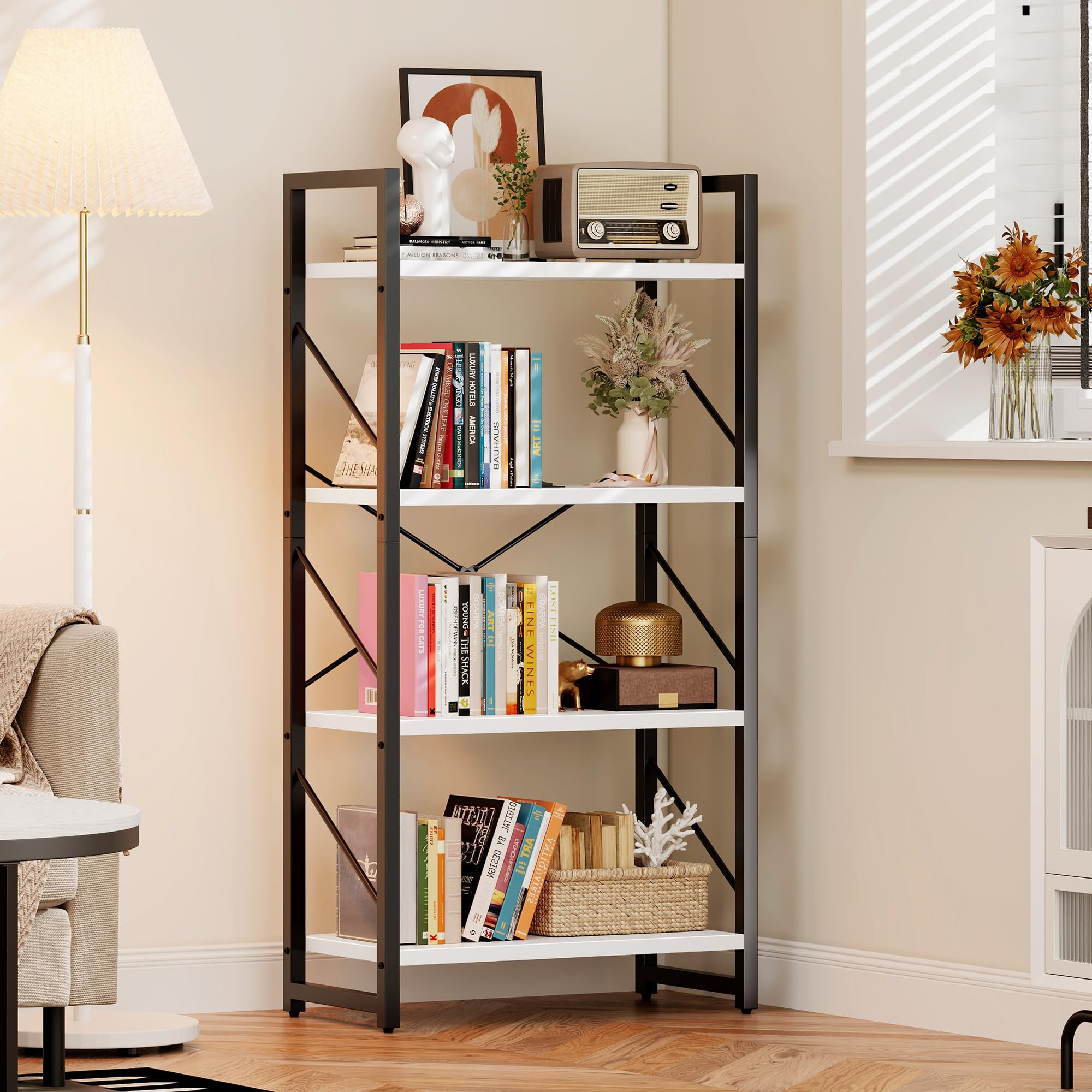 DWVO 4 Tier Bookshelf, Small Book Shelf Modern Bookcase, Narrow Book Case Book Storage Organizer for CD/Movie/Book, Bookshelves for Bedroom Office Living Room, White & Black