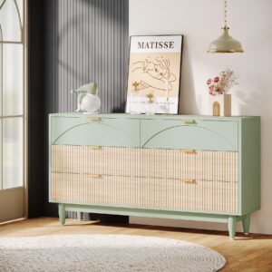 Tribesigns 6-Drawer Dresser for Bedroom: 55 Inches Modern Chest of Drawers with Gold Metal Handles, Green Long Double Dresser Organizer Wood Cabinet for Bedroom, Closet, Living Room