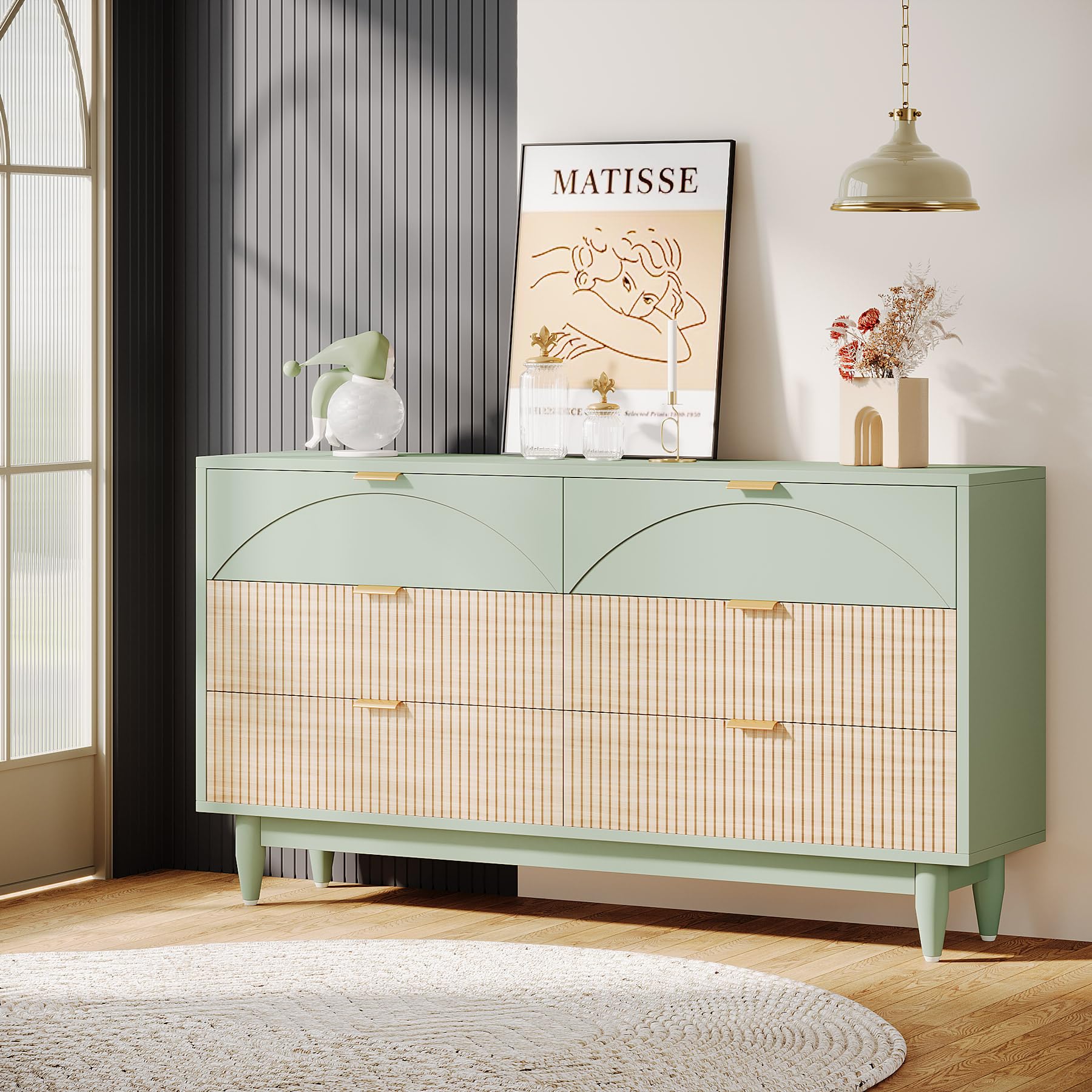 Tribesigns 6-Drawer Dresser for Bedroom: 55 Inches Modern Chest of Drawers with Gold Metal Handles, Green Long Double Dresser Organizer Wood Cabinet for Bedroom, Closet, Living Room