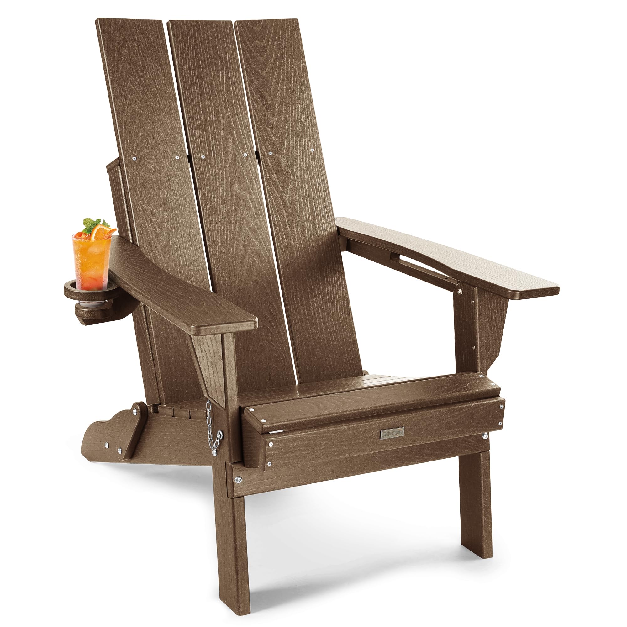 POWERWOOD Modern Adirondack Chair, Oversized HDPE Folding Adirondack Chairs Wood Texture, Higher Back Weather Resistant Adirondack Chair Set with Cup Holder, Fire Pit Chairs for Outdoor Patio (Teak)