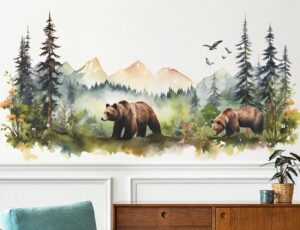 rainbow wsk large jungle animals wall decals forest tree wall decal peel and stick woodland bear fox deer wall stickers giant mountain wall art for bedroom nursery room fx-c432