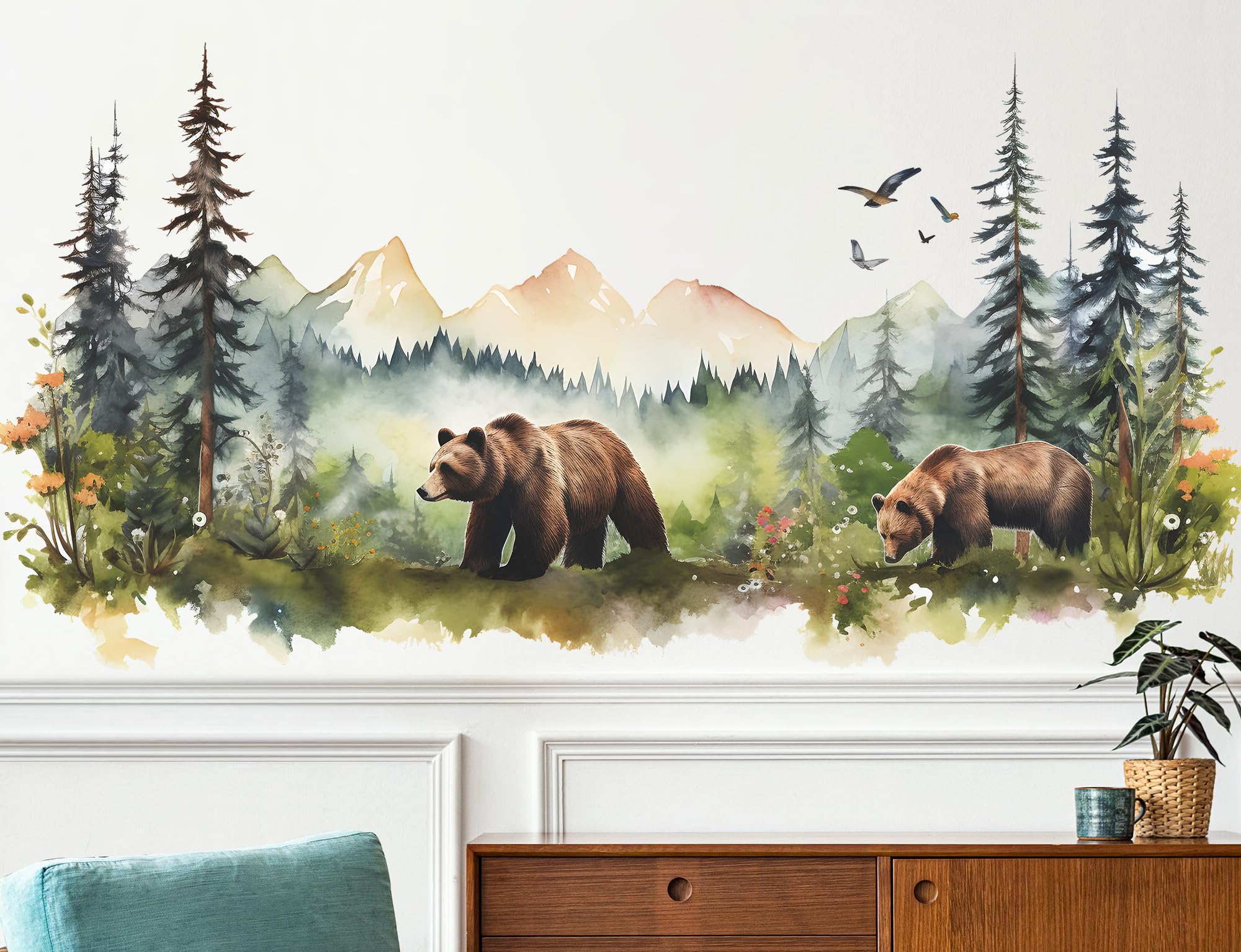 RAINBOW WSK Large Jungle Animals Wall Decals Forest Tree Wall Decal Peel and Stick Woodland Bear Fox Deer Wall Stickers Giant Mountain Wall Art for Bedroom Nursery Room FX-C432