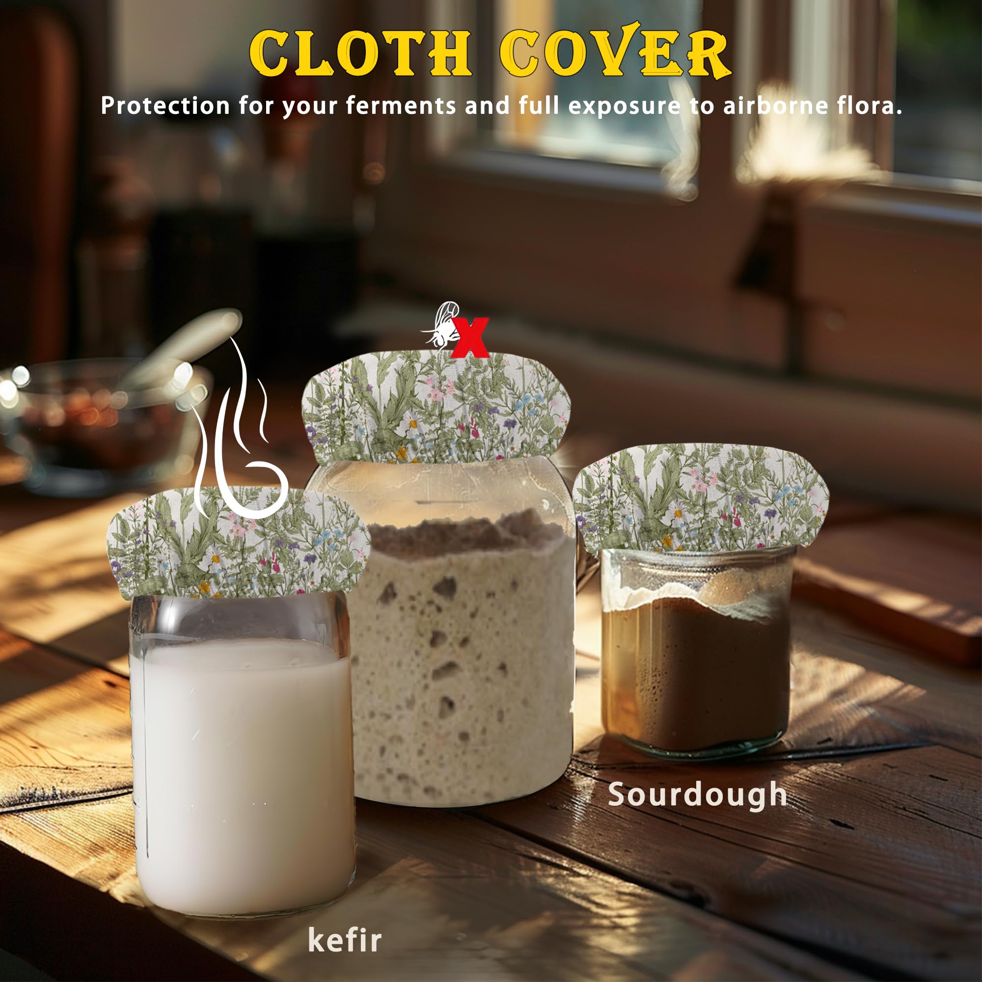 Herbs 5- Pack Cloth Covers for Sourdough Starter Jar, Wild Flowers Cloth Jar Covers Reusable Cloth Lid Top Cover Sourdough Bowl Cover Bread Fermentation Baking Supplies for 3-4 Inch Jar Mouth