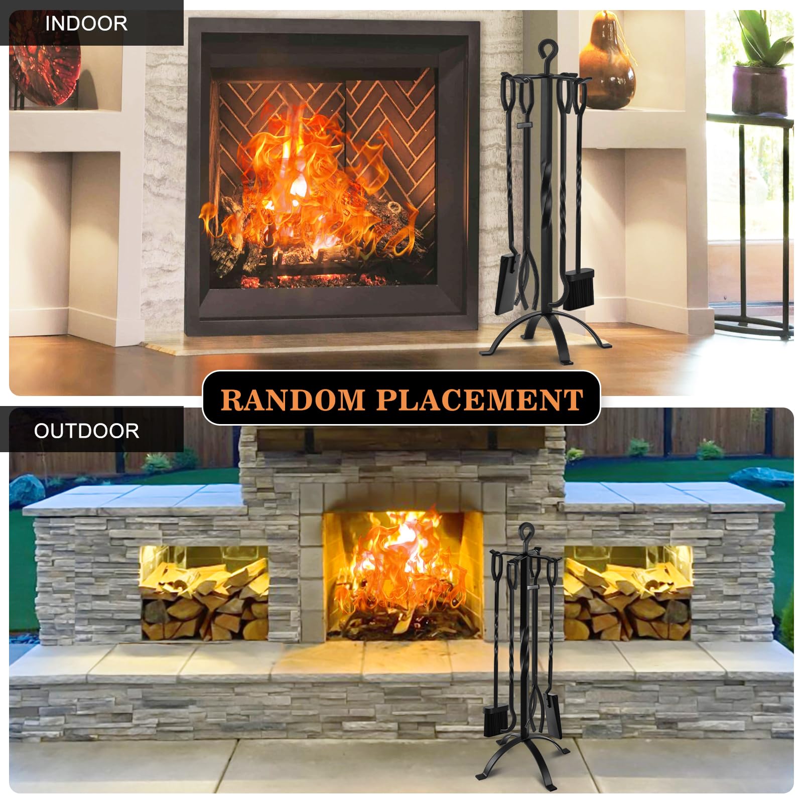 Gtongoko Fireplace Tools Set 5 Pieces 32 Inch Modern Black Wrought Iron Large Fire Tool Set for Outdoor/Indoor Include Chimney Poker, Tongs, Shovel, Brush and Stand Accessories Set