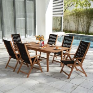 oc orange-casual 7 pieces patio dining set outdoor furniture with 6 foldable acacia wooden and rope chairs and large table for outdoor,yard, garden, porch, black