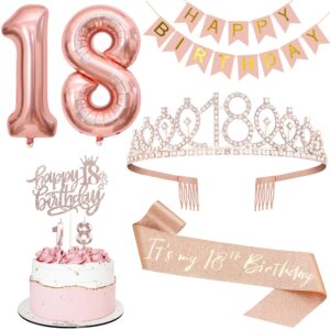 18th birthday decorations for girls, including 18th birthday tiara and sash, happy birthday banner, happy birthday cake toppers, number candles and balloons set, 18th birthday gifts for girls