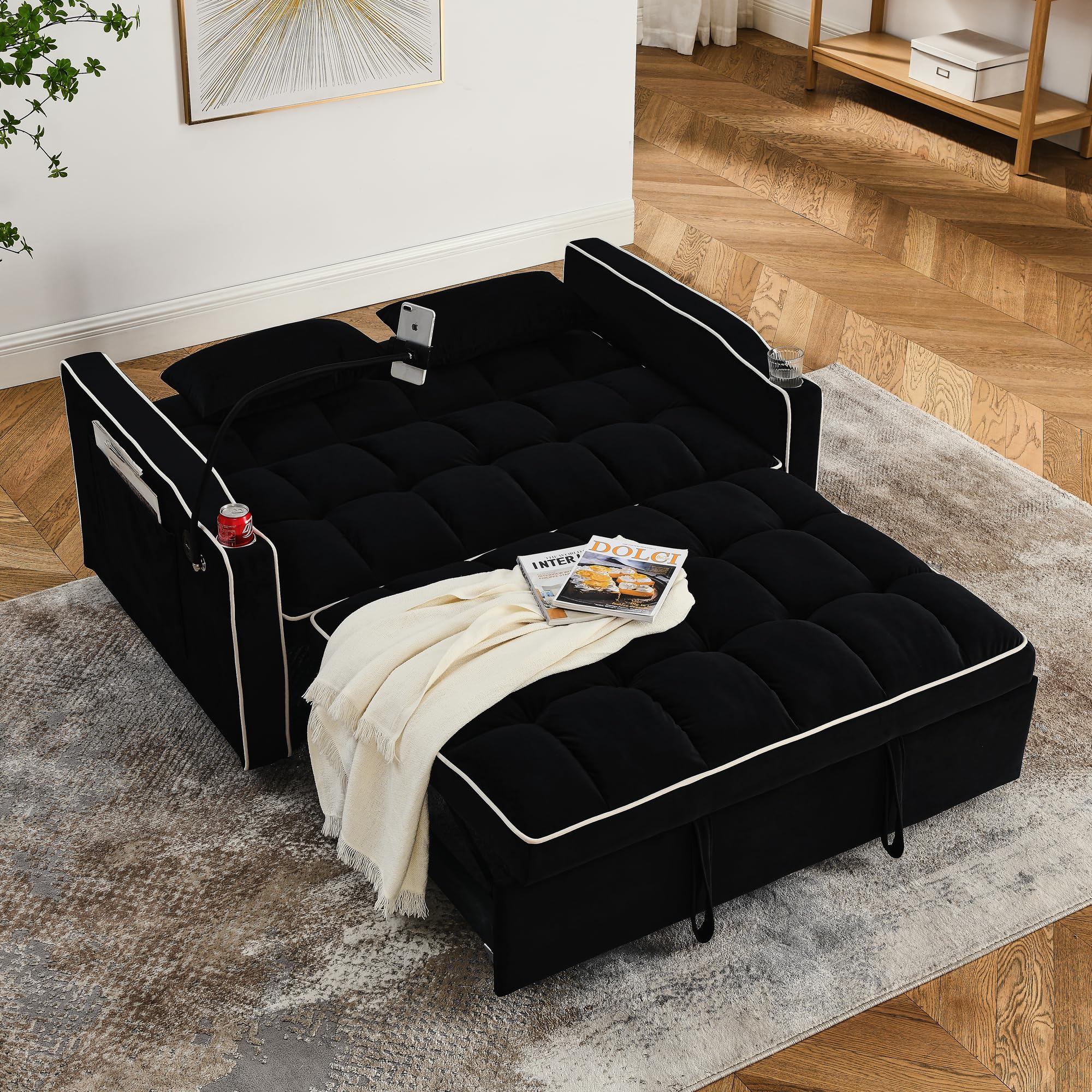 Bellemave Foldable Sofa Bed with Phone Holder, Pull Out Velvet Loveseat Sleeper with 2 USB Charging Ports, Modern Futon Couch with Cup Holders and Adjustable Backrest, for Living Room, Black