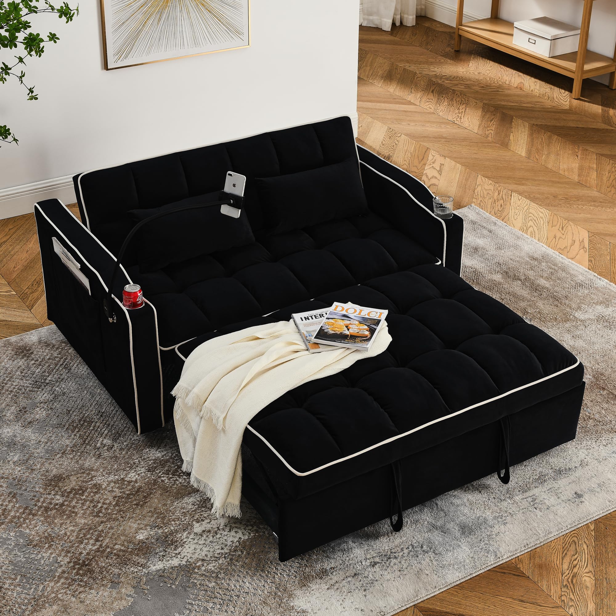 Bellemave Foldable Sofa Bed with Phone Holder, Pull Out Velvet Loveseat Sleeper with 2 USB Charging Ports, Modern Futon Couch with Cup Holders and Adjustable Backrest, for Living Room, Black