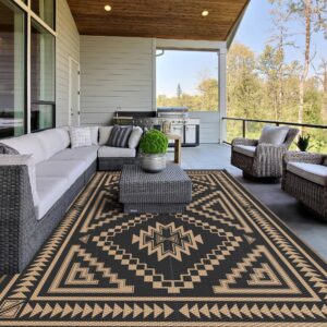 GENIMO Outdoor Rug for Patio Clearance, 5' x 8' Waterproof Plastic Straw Mat, Reversible Camping Carpet, Large Area Rugs Mats for Rv, Backyard, Deck, Porch, Picnic, Beach, Balcony, Black & Brown