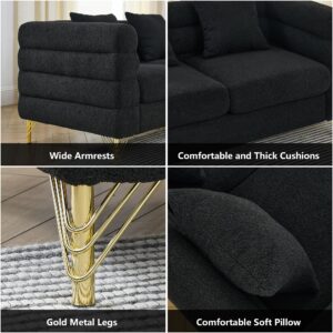 mikibama Luxury Teddy Sofa Set for Living Room, Modern Decor Furniture Sectional Sofa, 3 Seater Couch and Loveseat with 5 Pillows for Apartment, Office, Hall (Black)