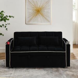 Bellemave Foldable Sofa Bed with Phone Holder, Pull Out Velvet Loveseat Sleeper with 2 USB Charging Ports, Modern Futon Couch with Cup Holders and Adjustable Backrest, for Living Room, Black