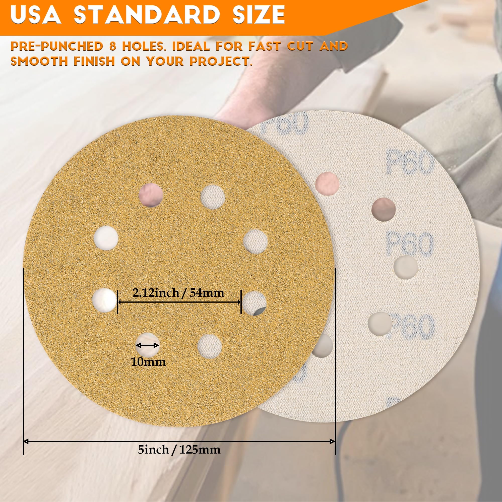 Mestool 5-Inch 8-Hole Hook and Loop Gold Sanding Discs, Box of 50 Sandpaper Include 60 80 120 150 and 220 Grits