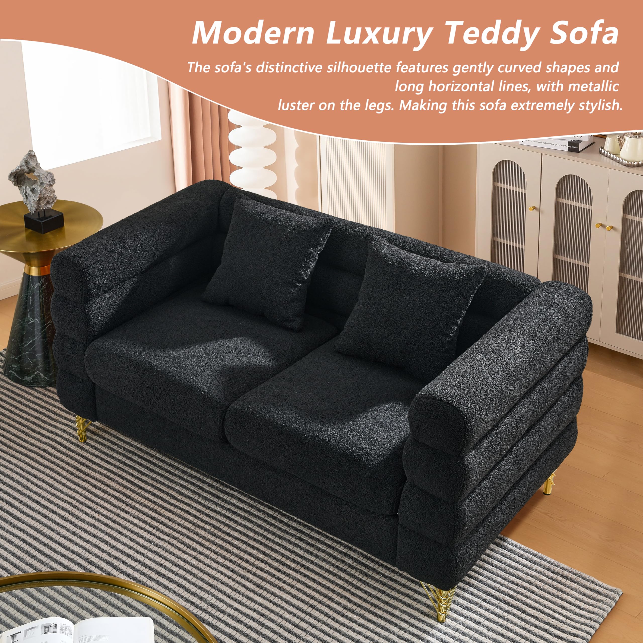 mikibama Luxury Teddy Sofa Set for Living Room, Modern Decor Furniture Sectional Sofa, 3 Seater Couch and Loveseat with 5 Pillows for Apartment, Office, Hall (Black)