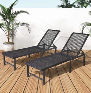 outdoor chaise lounge chair set of 2, rattan pool chairs with adjustable backrest, rustproof aluminum frame tanning chair, for poolside, backyard, lawn, deck（dark grey）