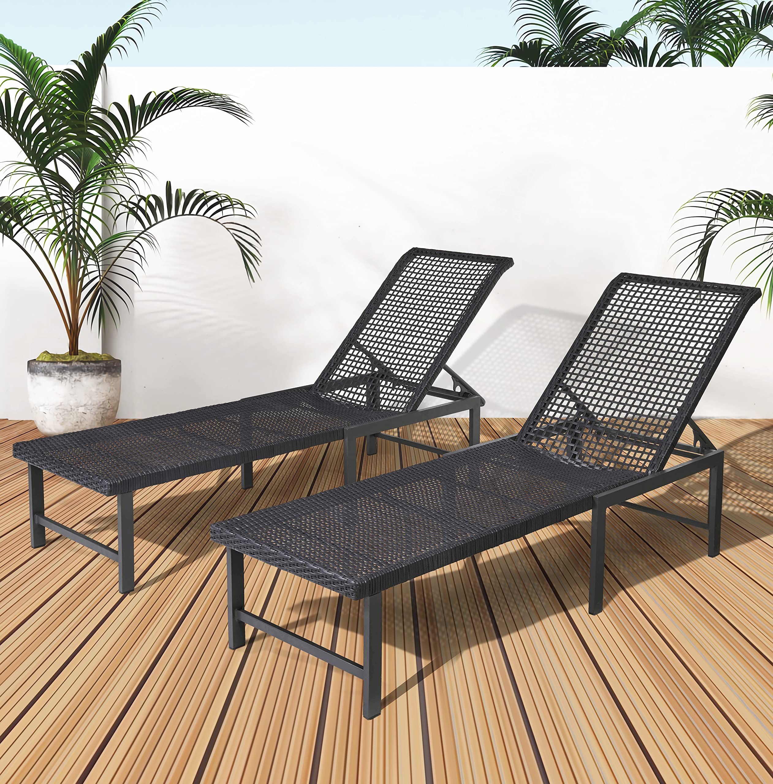 Outdoor Chaise Lounge Chair Set of 2, Rattan Pool Chairs with Adjustable Backrest, Rustproof Aluminum Frame Tanning Chair, for Poolside, Backyard, Lawn, Deck（Dark Grey）